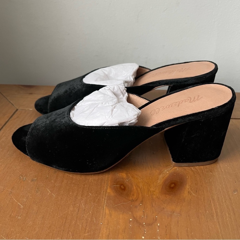 Madewell Women’s Beatriz Trendy Black Velvet Mules Open Toe Block Heel - Picture 2 of 12